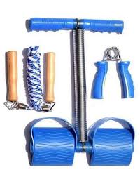 3 Way Training Set featuring blue gym equipment including a jump rope, resistance bands, and dual ab roller for muscle toning.