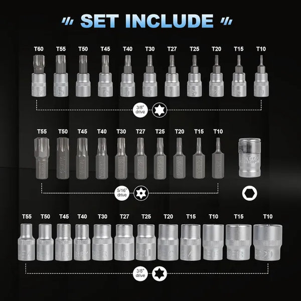 34-Piece Torx Socket and Bit Set including various Torx sizes for versatile fastening tasks.
