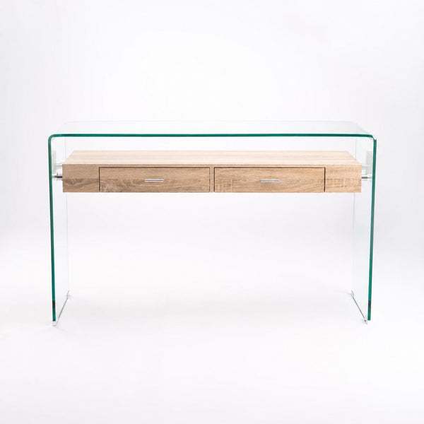 Tempered Glass Console Table with wood drawers, modern design for entryways and living rooms.