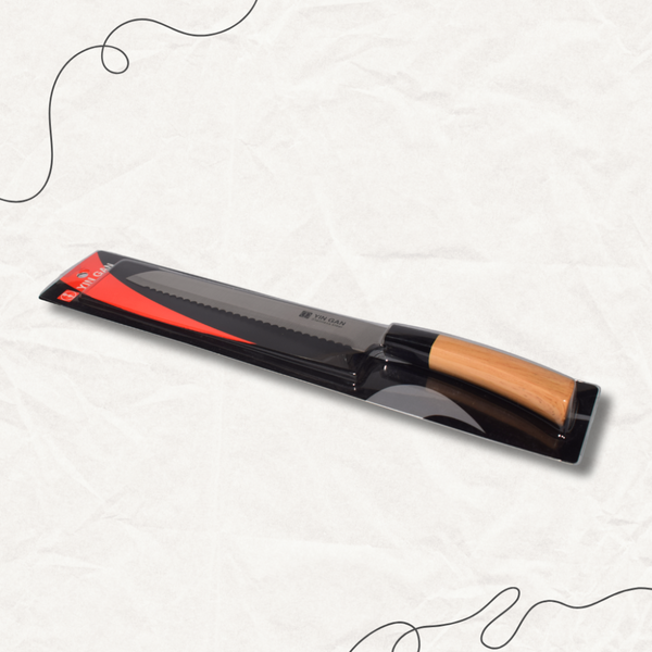 Serrated Bread Knife with Wood-Style Handle in packaging on a light background.