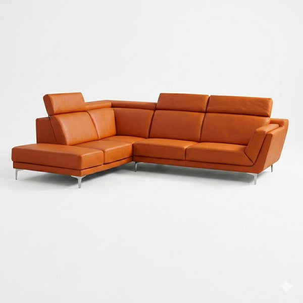 Asher L-Shaped Sectional Sofa with adjustable headrests in orange leather, perfect for modern living rooms.