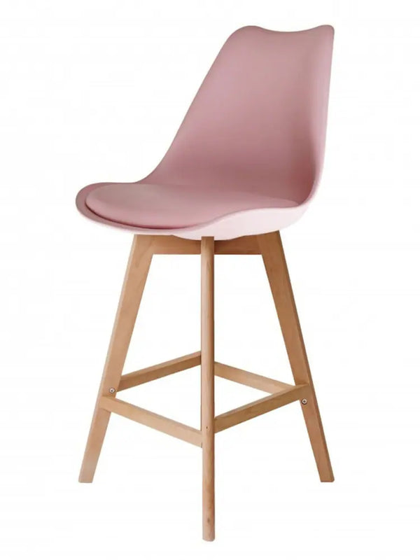 Fusion Living Aqua Soho Plastic Bar Stool in pink with wooden legs for modern kitchen or home bar.