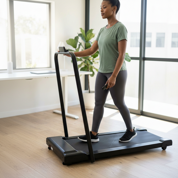 Woman exercising on the Cross-Border Electric Home Treadmill with LED Display in a bright home environment.