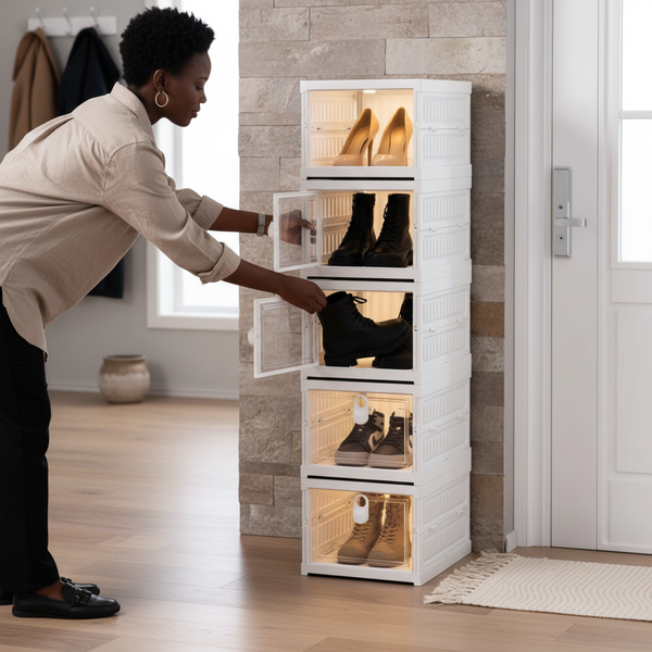 Person organizing footwear in a Transparent Foldable Shoe Rack 5 Tiers, showcasing its stylish and practical design.