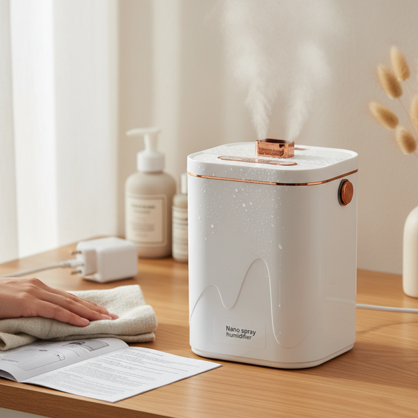 1.8L USB Nano Spray Humidifier producing fine mist on a wooden table with a hand and accessories nearby.