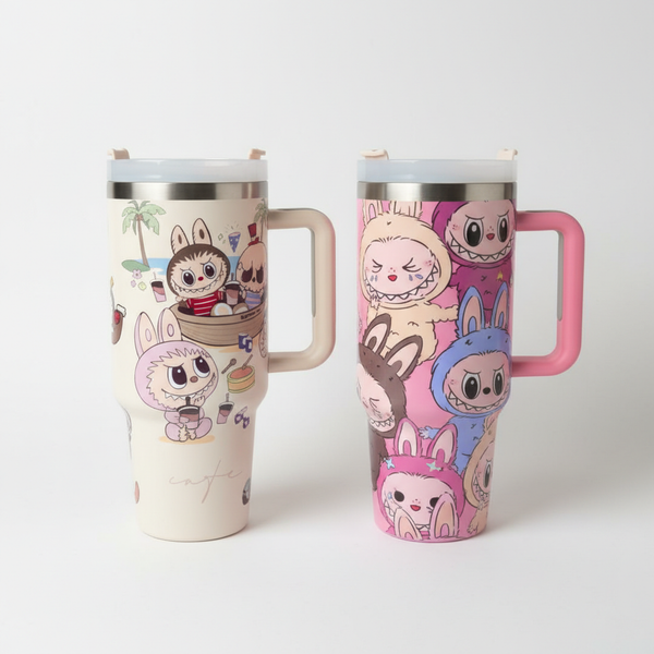 Stainless Steel Double-Drink Mug featuring playful cartoon designs, perfect for enjoying two drinks at once.