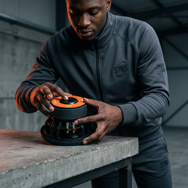 Man assembling a Car Subwoofer Speaker Driver on a workshop table in a modern industrial setting.