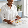 6-Compartment Fresh-Store Organizer filled with fruits and vegetables being arranged by a woman.