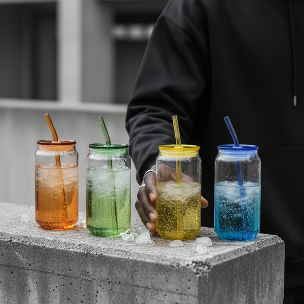 Four 16oz Gradient Jelly Glass Can Cups in vibrant colors with drinks and straws on a concrete surface.