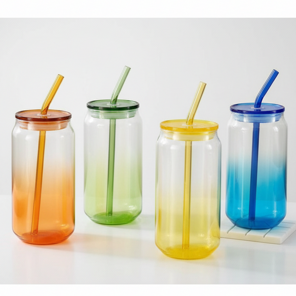 Colorful 16oz Gradient Jelly Glass Can Cups in orange, green, yellow, and blue with matching straws.