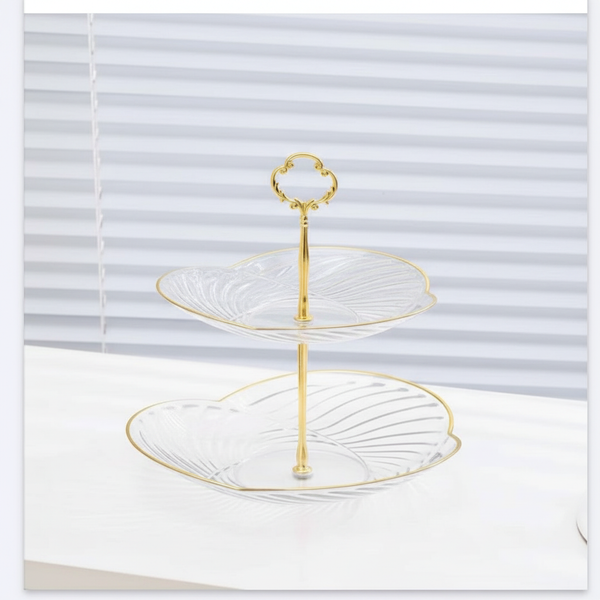 Dessert Rack Tabletop Stand with gold accents for displaying fruit and sweets at parties and weddings.