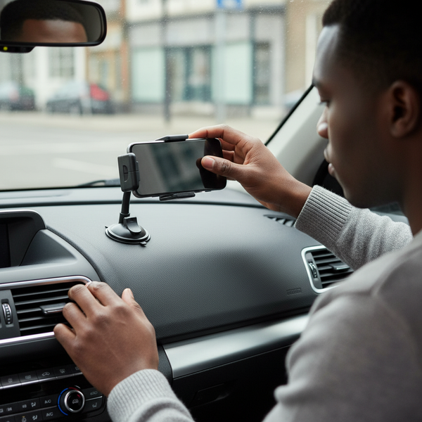 A person adjusting a smartphone in a 360-degree rotating multifunction car phone holder on a car dashboard.