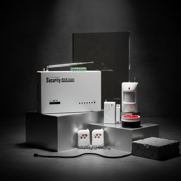86db Wireless Security Alarm System displaying main unit and sensors on a sleek metallic background.