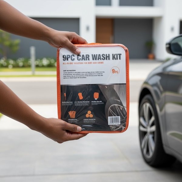 9-Piece Car and Motorcycle Cleaning Kit with Bag held by a person, showcasing the all-in-one cleaning solution for vehicles.
