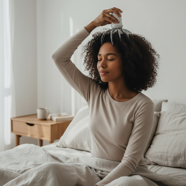 Woman using Head Massager Battery Version for relaxation while sitting on a bed in a cozy room.