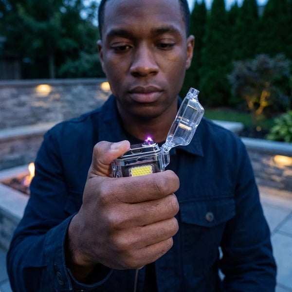Man using Rechargeable Plasma Lighter with LED Flashlight outdoors at twilight.