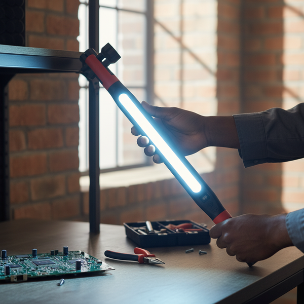 Person holding a Rechargeable Magnetic LED Work Light Bar while working on a project in a dimly lit room.