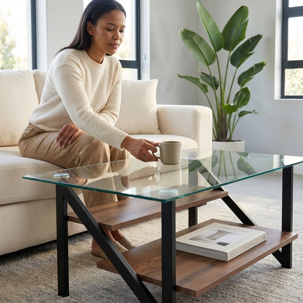 Modern Adjustable 1-Tier or 2-Tier Glass and Wood Coffee Table with a woman placing a cup on it.