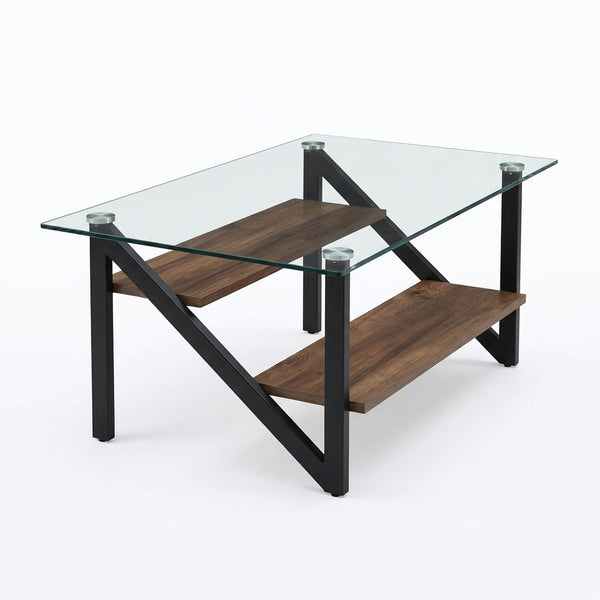Modern Adjustable 1-Tier or 2-Tier Glass and Wood Coffee Table with sleek glass top and wooden shelves.