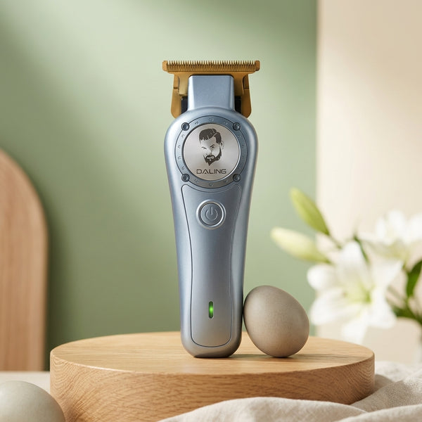 Rechargeable Hair Clipper Grooming Kit displayed on a wooden surface with decorative elements.