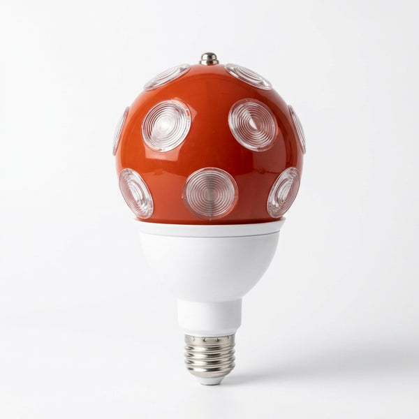 LED 360 Degree Rotating Lightning Lamp Bulb showcasing a vibrant red design with circular patterns for colorful light effects.