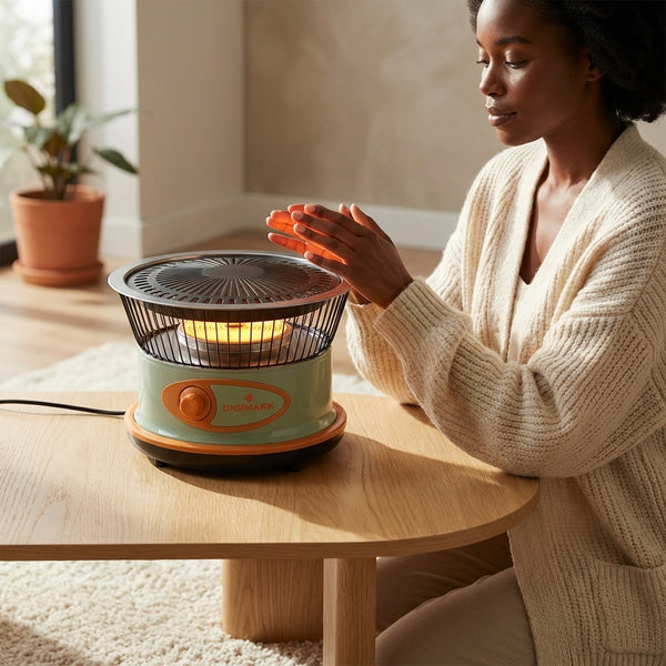 Multi-function BBQ Safety Switch Heater providing warmth as a woman enjoys a cozy indoor setting.