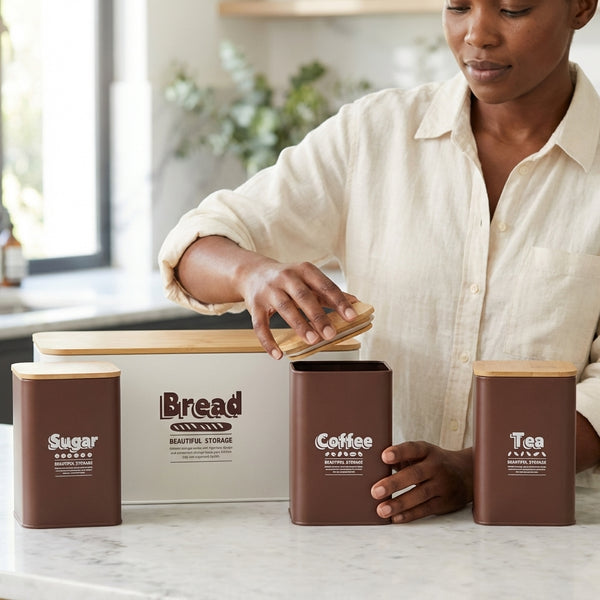 Woman organizing baking items in a kitchen with the 4-Piece Metal Bread Box Set for fresh storage.