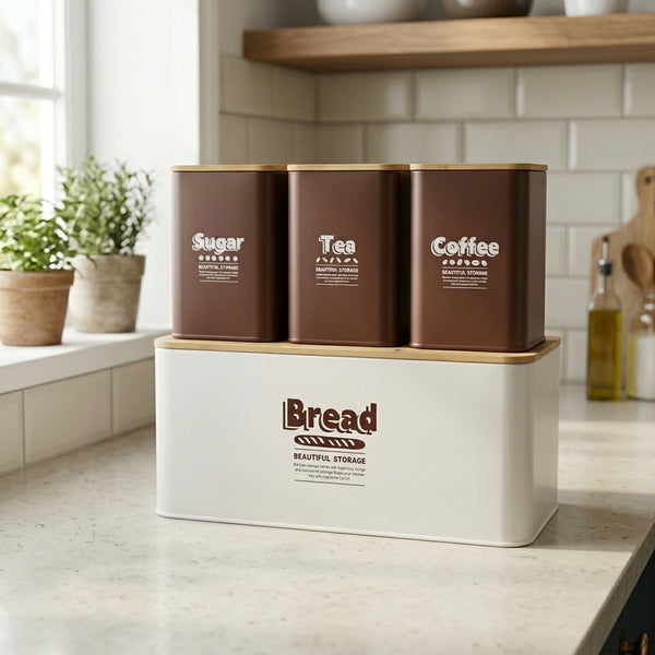 4-Piece Metal Bread Box Set with containers for Sugar, Tea, and Coffee on a kitchen countertop.