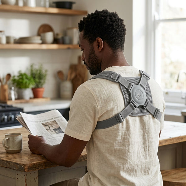 Man reading a newspaper while wearing a Spine Posture Corrector and Back Support in a home kitchen.