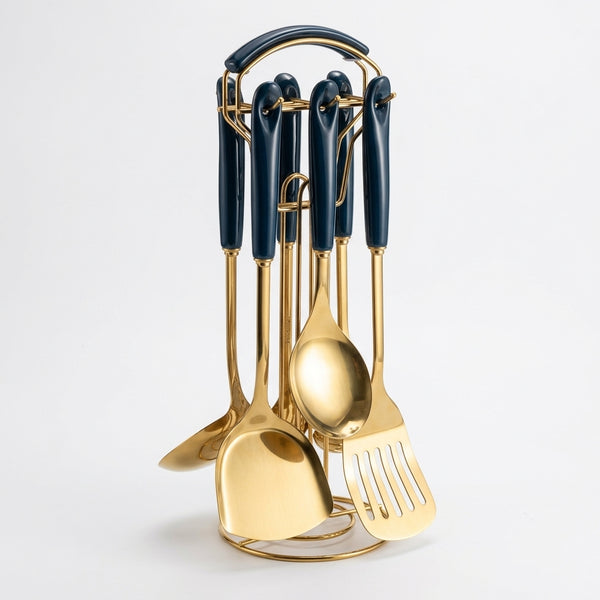7 Pcs Stainless Steel Kitchen Tools Set Ceramic Handle with gold and blue design for efficient cooking.