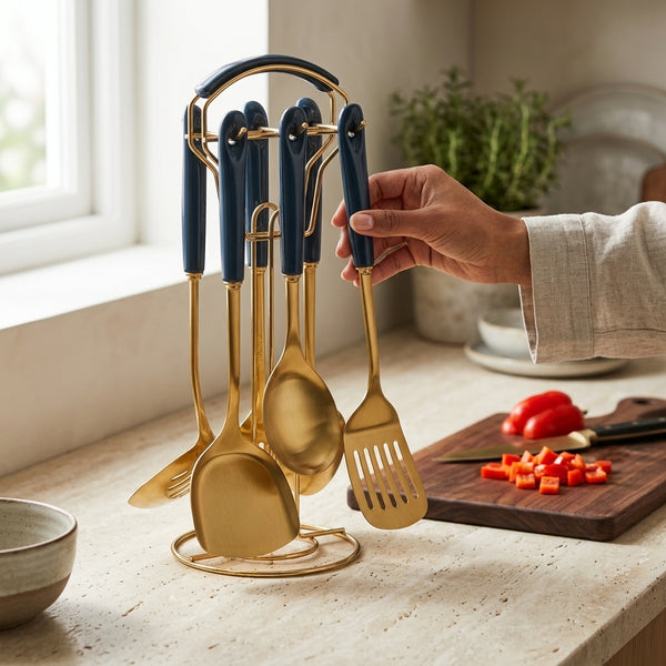 7 Pcs Stainless Steel Kitchen Tools Set Ceramic Handle displayed in a kitchen with gold and blue utensils on a countertop.