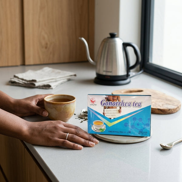 Herbal Maca Energy Tonic Tea in a kitchen setting with a hand holding a cup.