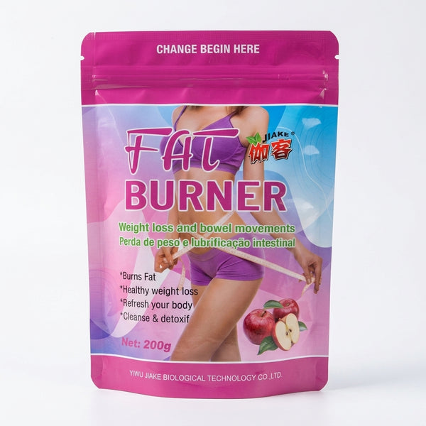 Fat Burner Powder packaging, promoting weight loss and healthy bowel movements with 200g of dietary supplement.