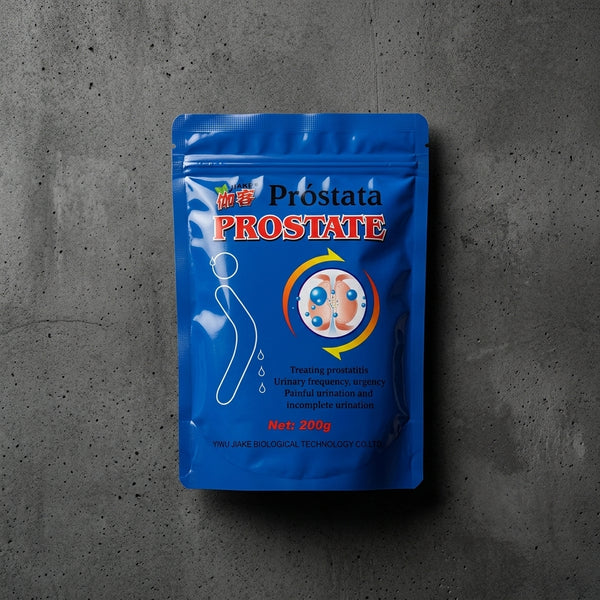 Natural Prostate Health Tea package on a textured surface promoting men's health and urinary wellness.