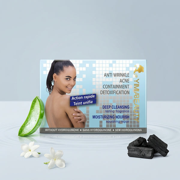 Brightening Facial and Body Soap packaging with model, featuring aloe and charcoal elements for skin care.