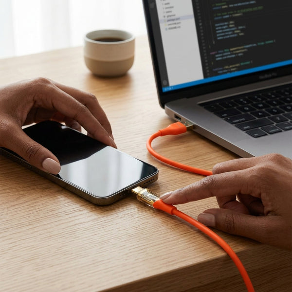 Transparent Fast Charging Data USB Cable connected to smartphone for quick charging.