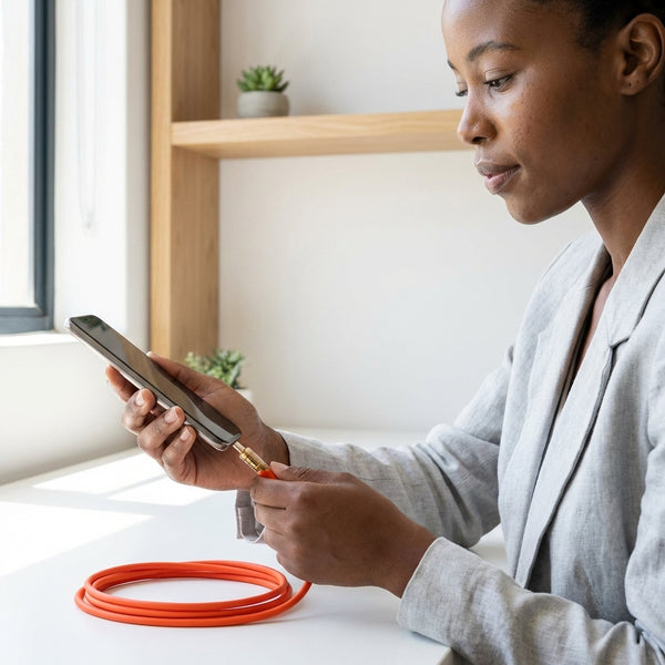 Woman using Transparent Fast Charging Data USB Cable to charge her smartphone on a desk.