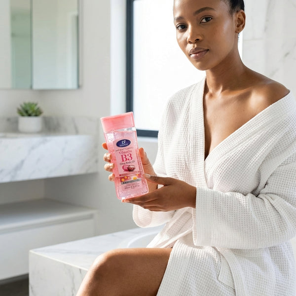 Woman in a robe holding Vitamin B3 Vitamin E Body Oil Gel in a bathroom setting.