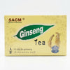 Herbal Tea Ginseng package featuring ginseng roots and cup, promoting natural energy and vitality.