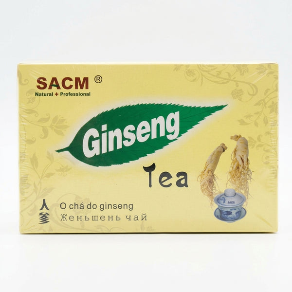 Herbal Tea Ginseng package featuring ginseng roots and cup, promoting natural energy and vitality.