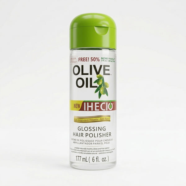 Professional Olive Oil Glossing Hair Polisher bottle with green cap, 177 mL size, designed for frizz control and shine.