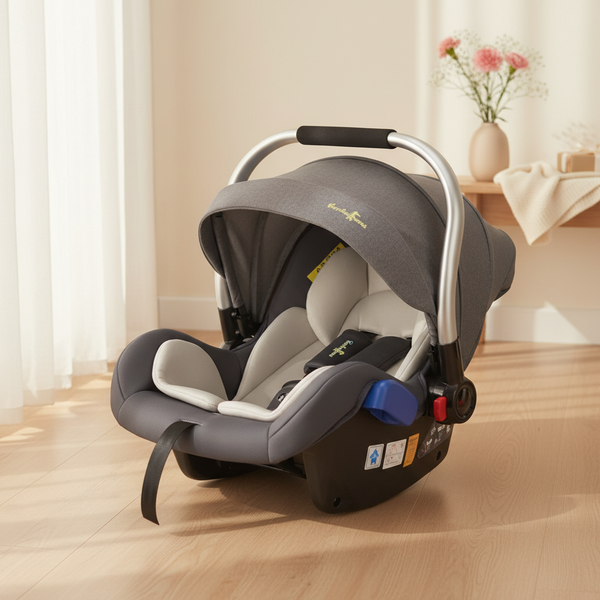 Baby Basket-Style Car Safety Seat on wooden floor, designed for infant safety and comfort during travel.