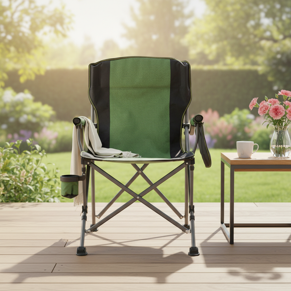 Lightweight Portable Metal Folding Chair set up on a patio with flowers and a drink nearby, perfect for outdoor relaxation.