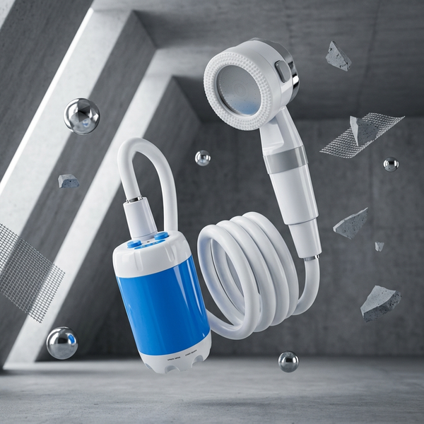 Outdoor Electric Portable Self-Priming Water Pump with a flexible hose and shower head in modern design