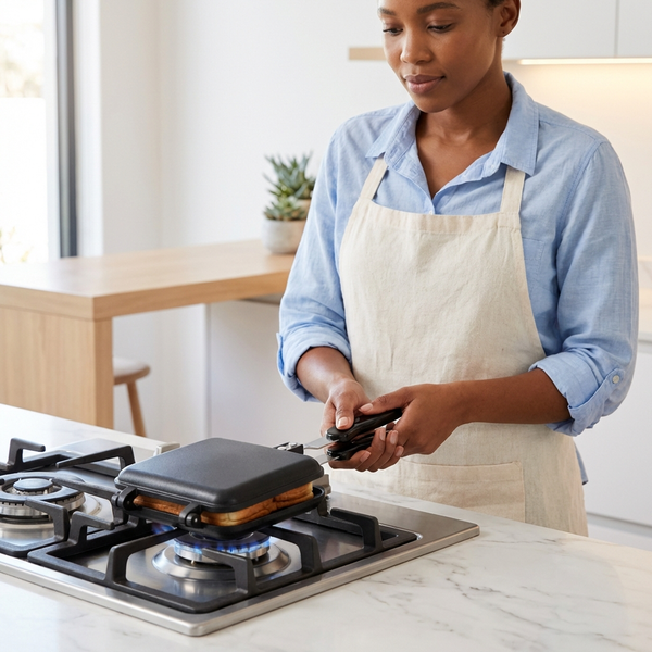 A person using a Double-Sided Aluminum Toast Maker on a gas stove in a modern kitchen.