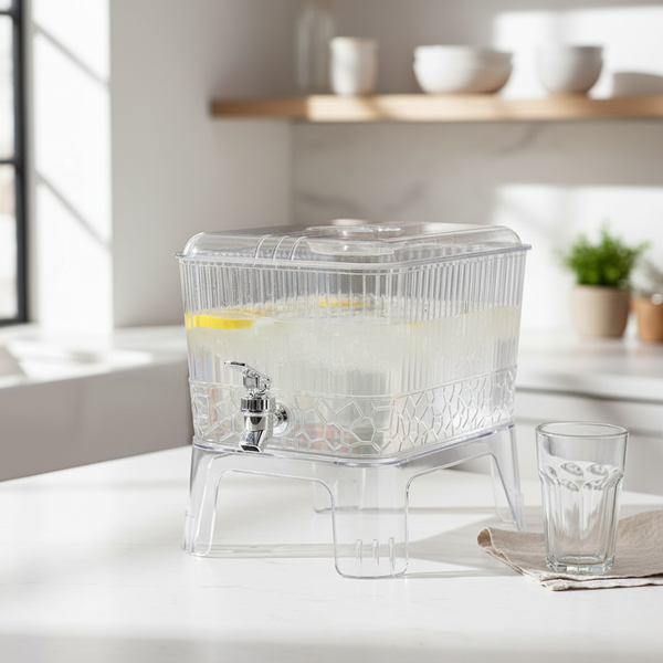 Luxury Acrylic Beverage Dispenser Set 5.5L featuring a clear design with a spigot, ideal for serving drinks.