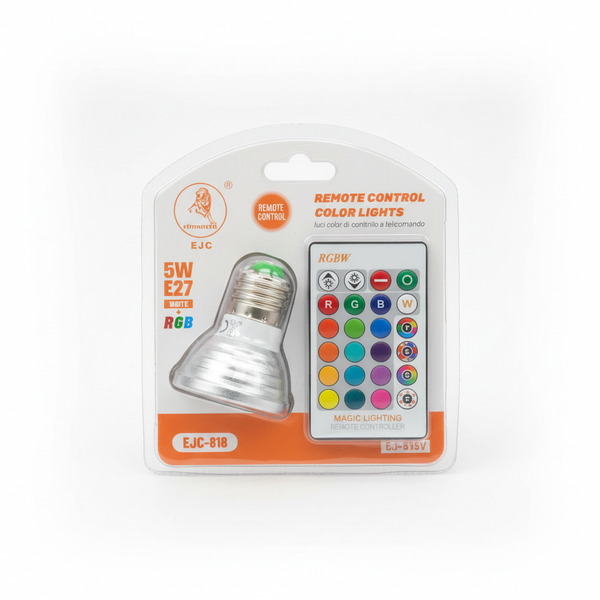 Smart RGB LED Color-Changing Bulb with Remote packaging showing color options and remote control.