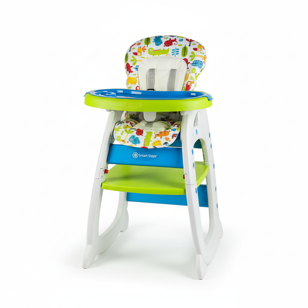 3-in-1 Convertible Baby High Chair & Play Table Set in vibrant colors, designed for comfort and safety during mealtime and play.