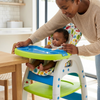 3-in-1 Convertible Baby High Chair & Play Table Set in use with smiling baby and parent during mealtime.