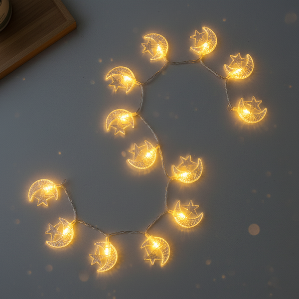 Ramadan Eid String Lights Decoration with moons and stars glowing softly on a light background.